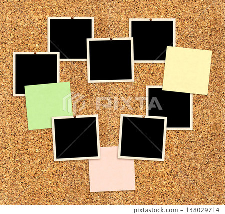Template collage with frame photos and stick notes on cork board. Moodboard pictures album grid for scrapbooking. Vintage style mood board layout. Copy space for your text and photo 138029714