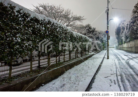Roads and footprints in a residential area on a snowy night. Roads and footprints in a residential area on a snowy night. 138029719