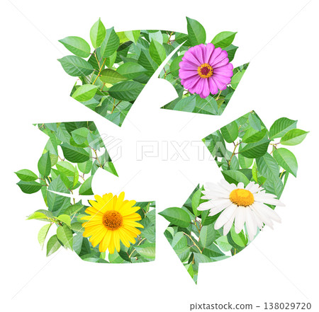 New life. Arrows recycle symbol, made of leaves and flowers. Reuse, renewable resources. Eco-friendly, Ecology, go green, environmental, zero waste, responsible consumption concept. Isolated on white New life. Arrows recycle symbol, made of leaves and flowers. Reuse, renewable resources. Eco-friendly, Ecology, go green, environmental, zero waste, responsible consumption concept. Isolated on white 138029720