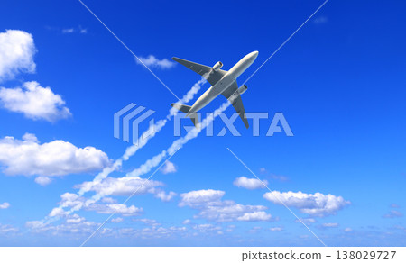 Horizontal nature background with aircraft and Jet trailing smoke in sky. Airplane and condensation trail. Foggy jet trail and plane in blue sky with white clouds. Traveling the world concept Horizontal nature background with aircraft and Jet trailing smoke in sky. Airplane and condensation trail. Foggy jet trail and plane in blue sky with white clouds. Traveling the world concept 138029727
