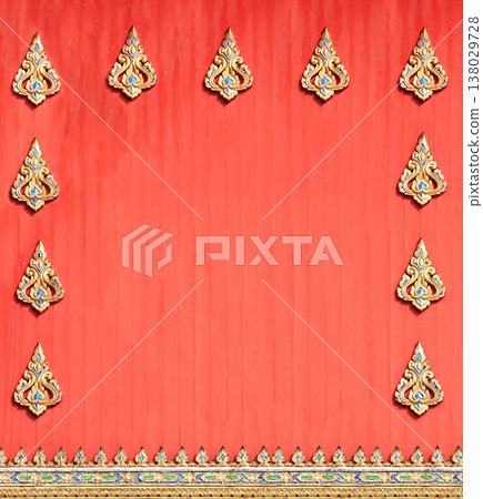 Detail of old wood wall with carved ornament in temple, Thailand. Vertical wooden background decorated with traditional ancient Thai decor. Mock up template. Copy space for text Detail of old wood wall with carved ornament in temple, Thailand. Vertical wooden background decorated with traditional ancient Thai decor. Mock up template. Copy space for text 138029728