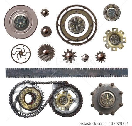 Vintage nail, gear, speedometer, inclinometer collection. Set of retro steel rusty rivet hardware, old screw, metal plate, bolt for industrial and steampunk design. Isolated on white background 138029735