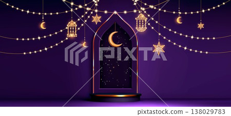 Ramadan podium with gold arch, arabic lantern Ramadan podium with gold arch, arabic lantern 138029783