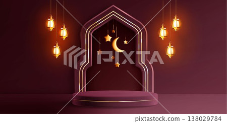Ramadan podium with gold arch, arabic lantern 138029784