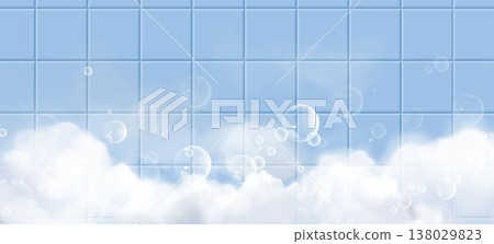 Bathroom tile wall with steam and foam bubbles 138029823