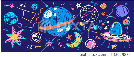 Color crayon wallpaper with planets and spacecraft Color crayon wallpaper with planets and spacecraft 138029824