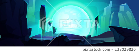 Alien planet landscape, rocky mountains, moon view 138029826