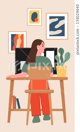Woman working from home Back view at desk vector illustration 138029840