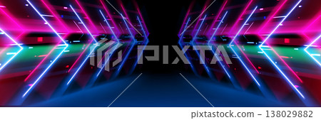 Neon light tunnel perspective with speed arrows Neon light tunnel perspective with speed arrows 138029882