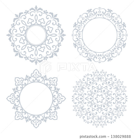 Set of decorative frames Elegant vector element for design in Eastern style, place for text. Floral gray and white frames. Lace illustration for invitations and greeting cards Set of decorative frames Elegant vector element for design in Eastern style, place for text. Floral gray and white frames. Lace illustration for invitations and greeting cards 138029888