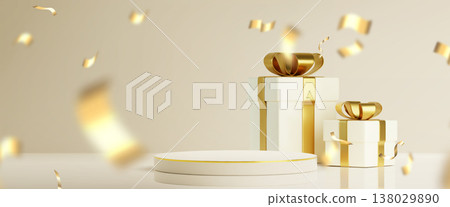 Podium with gift boxes, golden ribbon bow Podium with gift boxes, golden ribbon bow 138029890