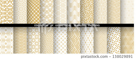 Geometric set of seamless golden and white patterns. Simple vector graphics Geometric set of seamless golden and white patterns. Simple vector graphics 138029891