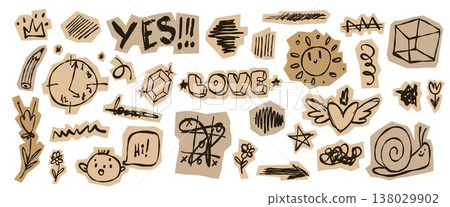 Pack of hand drawn kid doodle stickers 138029902