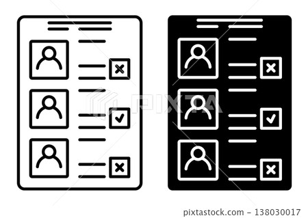 Linear icon. Ballot paper with details of candidates participating in elections and voter marks in checkboxes. Simple black and white vector symbol isolated on white background Linear icon. Ballot paper with details of candidates participating in elections and voter marks in checkboxes. Simple black and white vector symbol isolated on white background 138030017