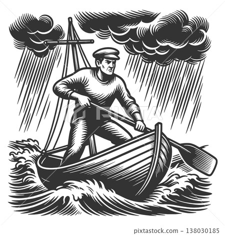 Man Rowing Boat Through Stormy Sea Struggle Man Rowing Boat Through Stormy Sea Struggle 138030185