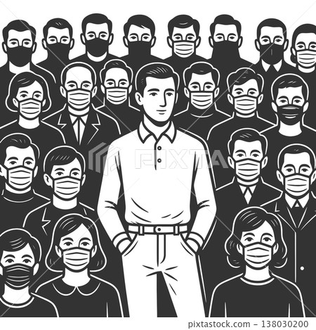 Man Without Mask Standing Among Masked Crowd Man Without Mask Standing Among Masked Crowd 138030200