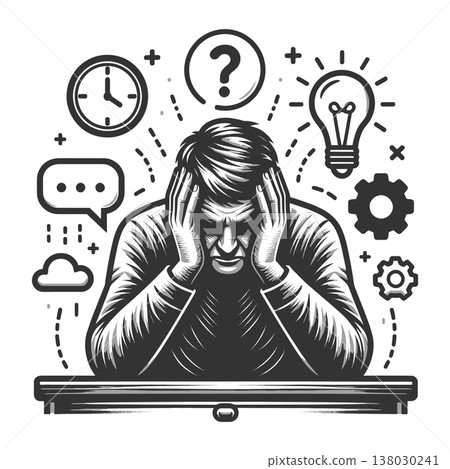 Stressed Man Overwhelmed by Thoughts and Ideas Stressed Man Overwhelmed by Thoughts and Ideas 138030241