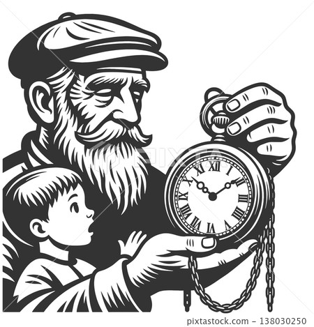 Grandfather Showing Pocket Watch to Curious Child 138030250