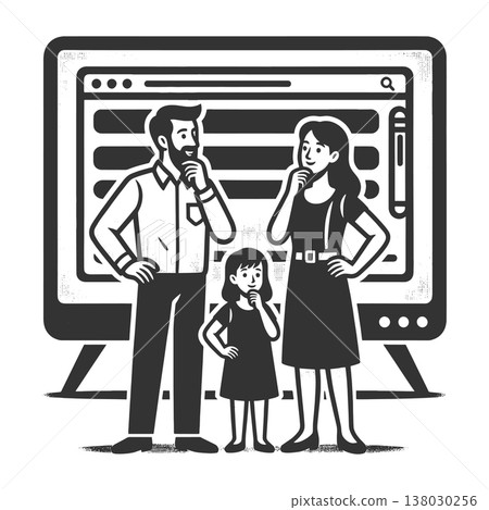 Family Thinking Together in Front Computer Screen Family Thinking Together in Front Computer Screen 138030256