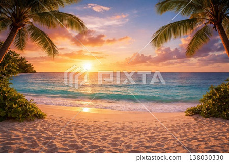 熱帶海灘美麗的日落 138030330
