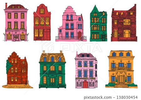 Colorful European Houses Illustration Set Colorful European Houses Illustration Set 138030454