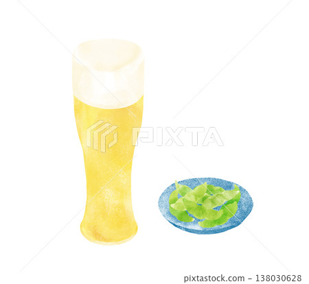 啤酒和毛豆的水彩插畫。毛豆盛在小碗裡，旁邊放著一杯啤酒。夏日傍晚的飲品。 138030628