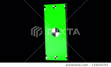 3d render of smartphone fold with green screen and marks for tracking - phone fold rotations and movements including vertical and horizontal positions. 3D rendering. 138030761