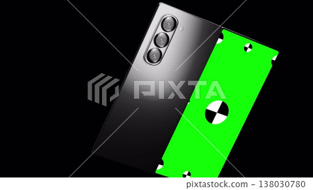 3d render of smartphone fold with green screen and marks for tracking - phone fold rotations and movements including vertical and horizontal positions. 3D rendering. 3d render of smartphone fold with green screen and marks for tracking - phone fold rotations and movements including vertical and horizontal positions. 3D rendering. 138030780