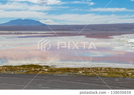 Peaceful red water at Laguna Colorada salt lake landscape in Bolivia 138030839