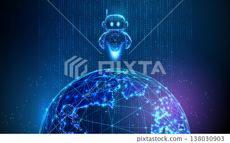 3d cute robot flying upward from Earth within vertical stream of data points. AI-driven global analytics, planetary data processing, intelligent system deployment concept. 138030903