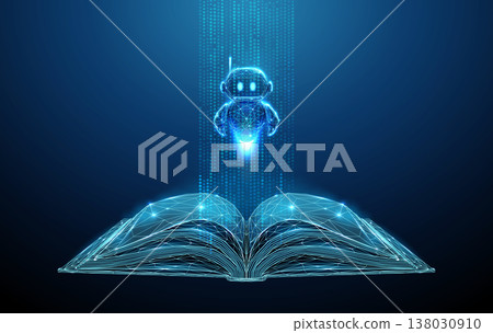 3d cute robot flying out of an open book within vertical stream of data points. AI knowledge extraction, intelligent information processing, digital education systems concept 138030910
