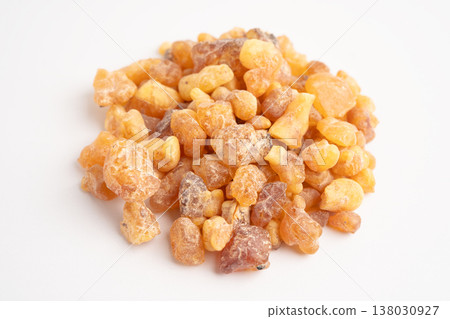 Frankincense or olibanum aromatic resin isolated on white background used in incense and perfumes. Frankincense or olibanum aromatic resin isolated on white background used in incense and perfumes. 138030927