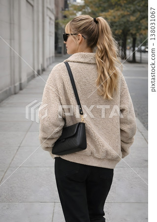 一位年輕女子身穿米色羊毛外套，戴著太陽眼鏡走在街上：現代都市時尚生活方式。 138031067