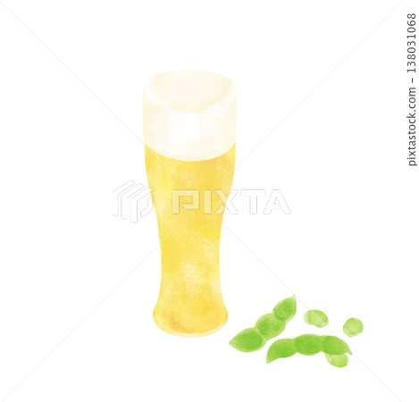 一幅水彩插畫，描繪了啤酒和毛豆。新鮮的毛豆，豆粒快要溢出來了，旁邊還有一杯啤酒。 138031068