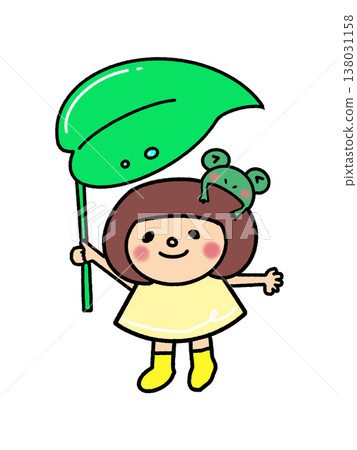 一個留著波波頭、帶著可愛青蛙、撐著雨傘、穿著雨靴的可愛女孩，絲毫不懼雨季。 138031158