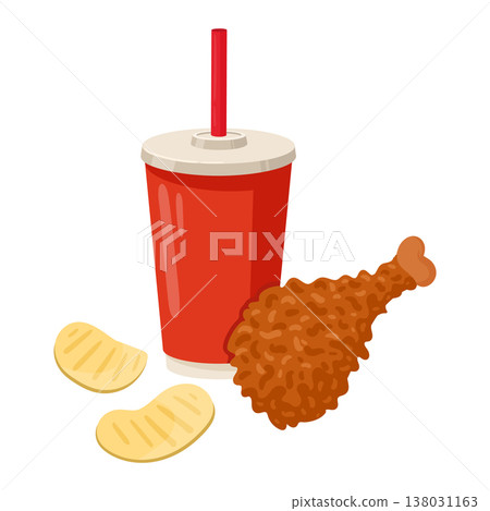 Cartoon fast food set. Chicken leg and soda pop, junk food menu, deep-fried chicken and soft drink flat vector illustration. Takeaway fast food meal isolated on white 138031163