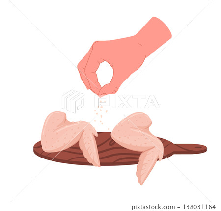 Cartoon hand salting chicken wings. Chicken seasoning, delicious meat product, chicken wings salting process flat vector illustration. Wings cooking on white Cartoon hand salting chicken wings. Chicken seasoning, delicious meat product, chicken wings salting process flat vector illustration. Wings cooking on white 138031164