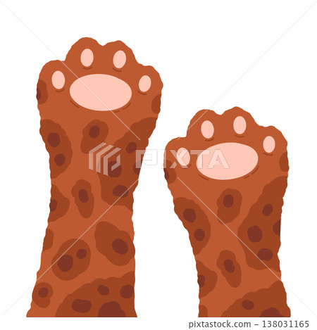 Cute fluffy kitty paws. Cat paws, spotted domestic animals feet, kitty cat paws flat vector background illustration. Cute kitten paws on white background 138031165