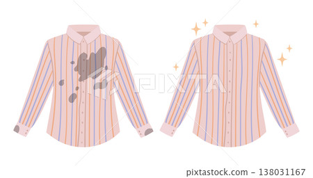 Dirty and clean shirt. Stained and wrinkled clothing become clean and fresh, laundry apparel flat vector illustration. Cartoon cotton shirt cleaning concept on white background 138031167