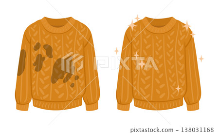Dirty and clean sweater. Wrinkled stained clothing become clean and fresh, laundry apparel flat vector illustration. Cartoon jumper cleaning concept on white background 138031168