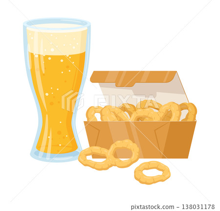 Onion rings and beer. Cartoon fast food set, junk food menu, deep-fried onion rings and lager flat vector illustration. Takeaway fast food meal isolated on white 138031178