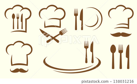 Cooking icons set with cutlery, utensil and chef hat restaurant icons Cooking icons set with cutlery, utensil and chef hat restaurant icons 138031216