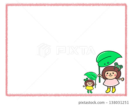 A cute girl with a bob haircut dressed up in a frog and leaf umbrella and rain boots. 138031251