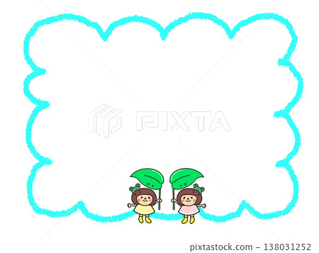 A cute girl with a bob haircut dressed up in a frog and leaf umbrella and rain boots. 138031252