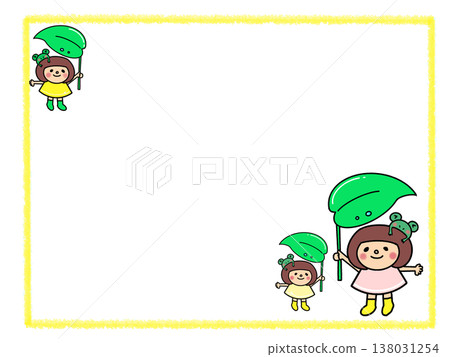 一個留著波波頭、撐著青蛙樹葉傘、穿著雨靴的可愛女孩。 138031254