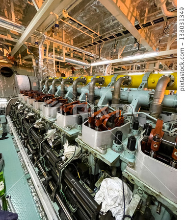 Main engine of cargo ship. Main engine of cargo ship. 138031349