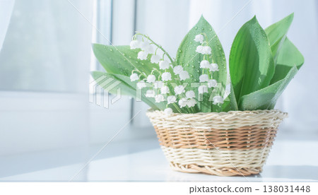 一籃鈴蘭，閃爍著水珠，象徵春天的清新到來，擺在白色的窗台上，留有空白區域。 138031448