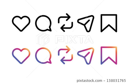 SNS Icon Set: Line icons for Like, Comment, Share, Send, and Save SNS Icon Set: Line icons for Like, Comment, Share, Send, and Save 138031765