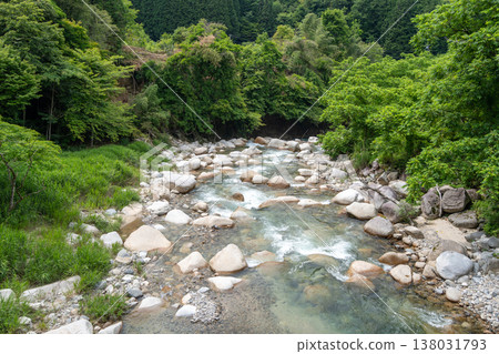 River flowing along the Nakasendo trail between Magome and Tsumago, Japan 138031793