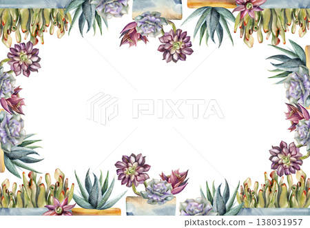 Watercolor succulents, dark aeonium rosettes, crassula ovata, sansevieria in clay planters. Isolated illustration hand drawn in watercolor. Border frame for lifestyle printables, florist advertising. 138031957